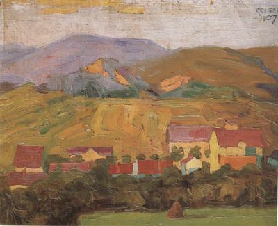 Egon Schiele Village with Mountain (mk12) Norge oil painting art